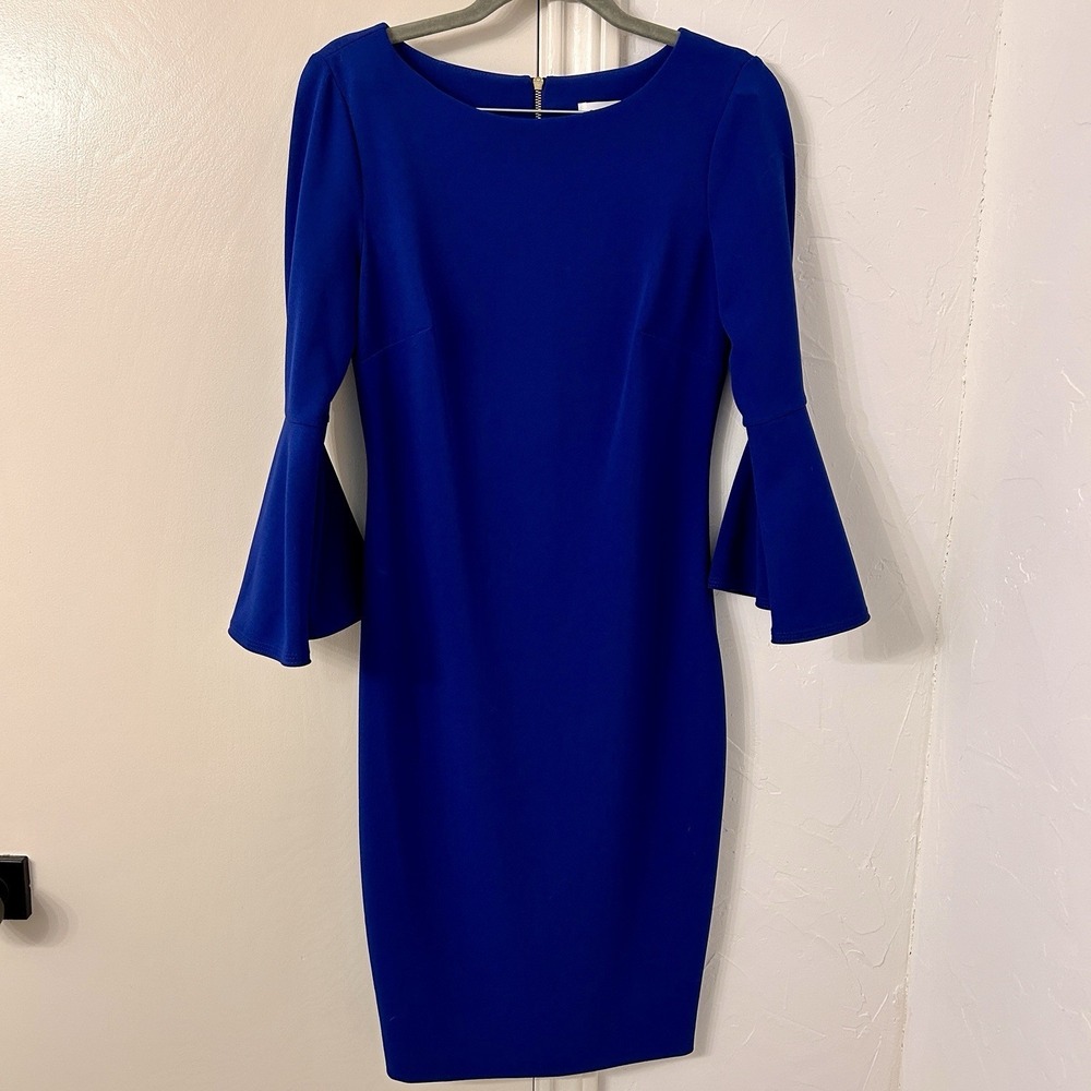 CALVIN KLEIN Solid Blue Crepe Stretch Bell Sleeve Sheath Dress Size 4